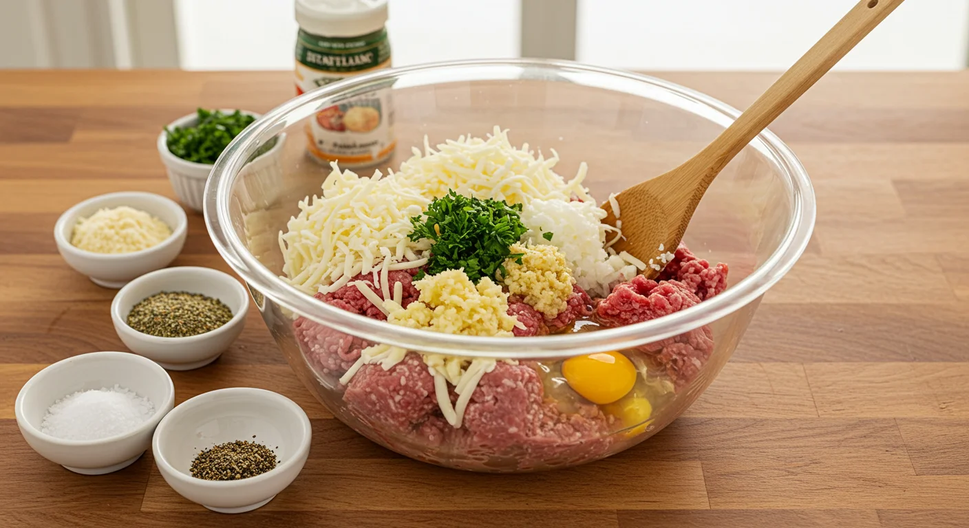 Keto Meatball Casserole A glass bowl filled with ground beef, cheese, egg, garlic, and seasonings on a rustic kitchen counter, surrounded by small spice bowls and a wooden spoon.