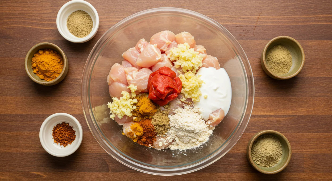 Keto Chicken Korma A glass bowl with diced chicken, spices, tomato paste, garlic, onions, almond flour, and coconut milk, surrounded by small spice dishes on a wooden countertop.