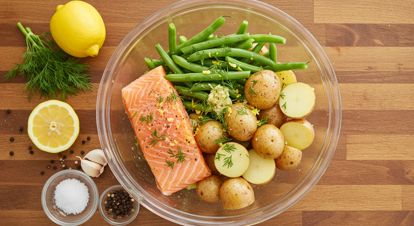 High-Protein Sheet-Pan Salmon
 Top-down view of fresh salmon fillets, green beans, and baby potatoes in a glass bowl, coated in a lemon-garlic marinade. Small bowls with seasoning surround the setup on a rustic wooden countertop.