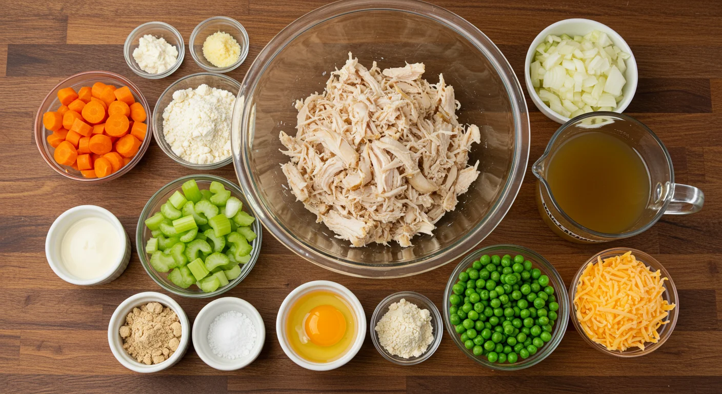 Chicken Pot Pie Glass bowl with shredded chicken, surrounded by small bowls of diced carrots, celery, onions, peas, cheese, almond flour, egg, and bone broth on a wooden countertop.