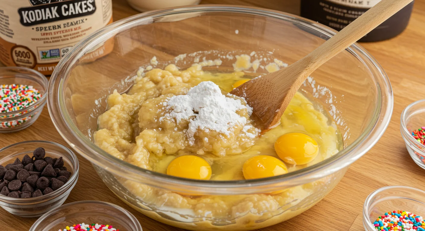 WW Kodiak Cakes Muffins A glass bowl with mashed bananas, eggs, applesauce, milk, and Kodiak Cakes mix, surrounded by small bowls of chocolate chips and sprinkles on a kitchen counter.