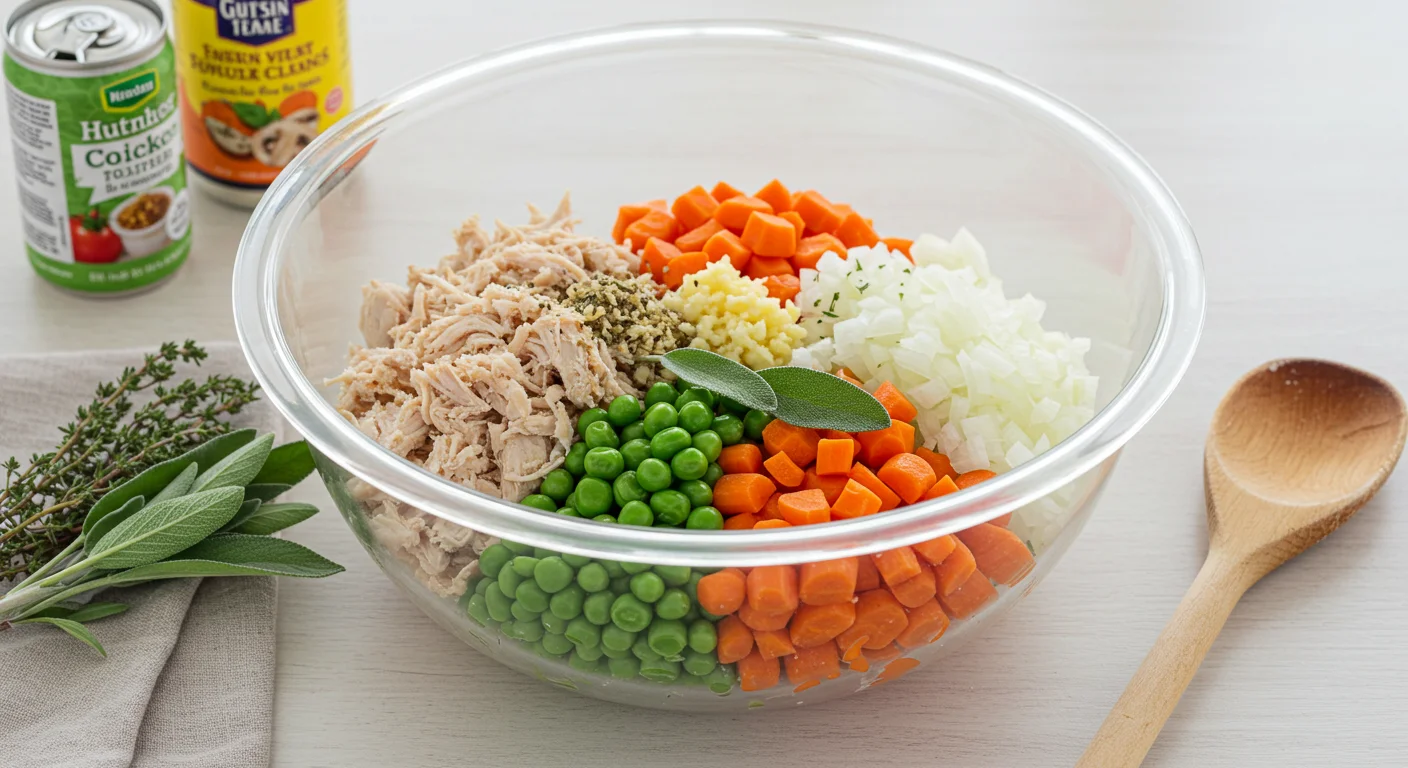High-Protein Chicken Potpie Ingredients for high-protein chicken potpie in a glass bowl: chicken, peas, carrots, mushrooms, onions, and herbs on a kitchen counter.