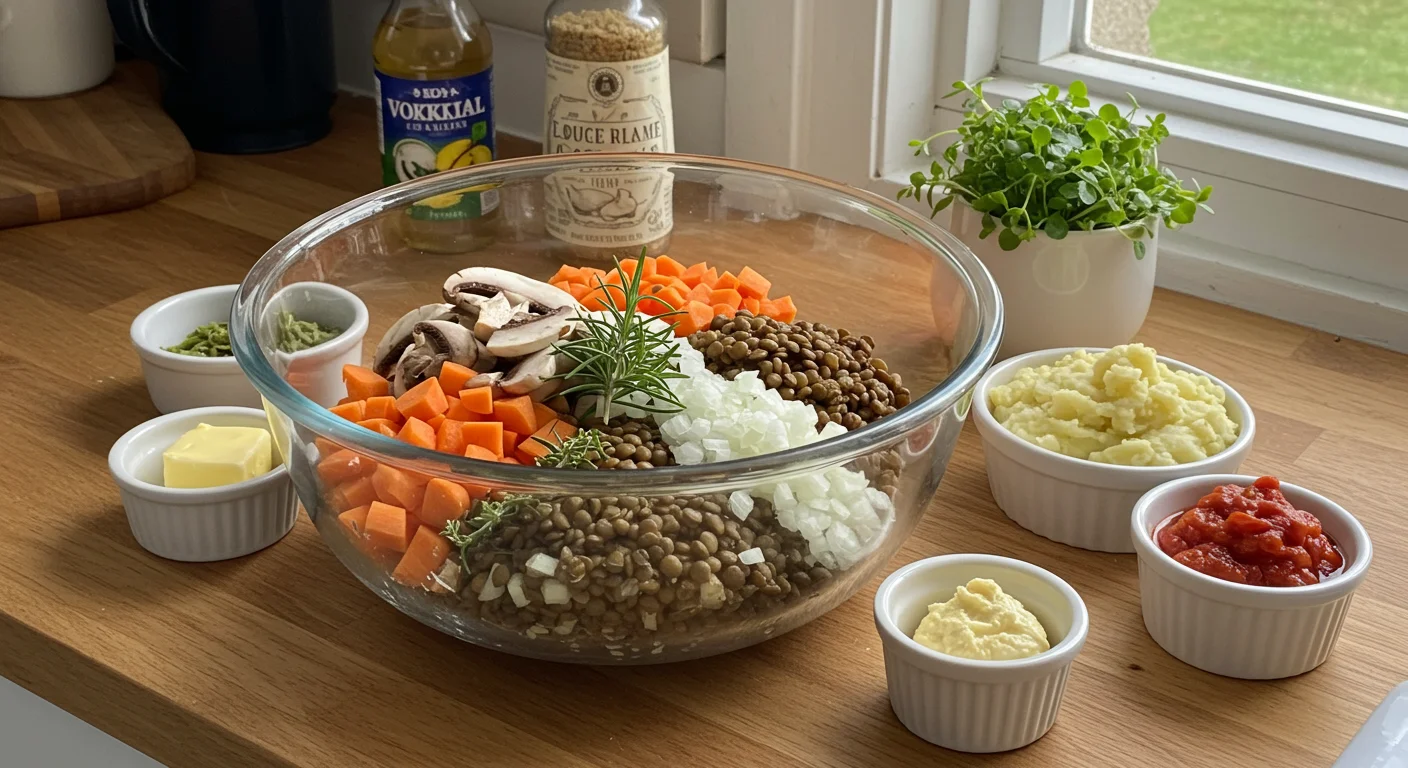 High-Protein Vegan Shepherd's Pie Glass bowl with chopped veggies, lentils, and herbs, surrounded by small bowls of vegan butter, mashed potatoes, and crushed tomatoes on a wooden counter.