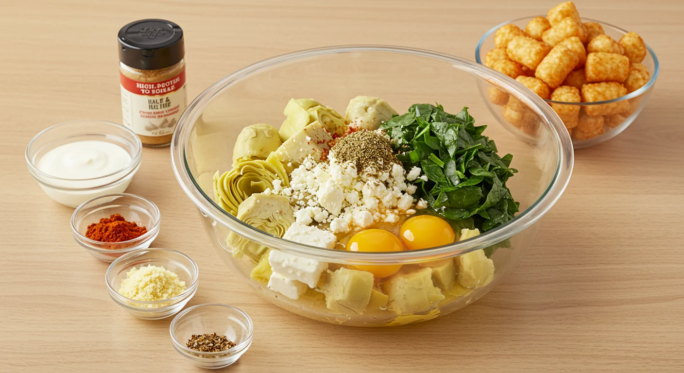 High-Protein Artichoke Tater Tot Casserole Glass bowl with artichokes, spinach, onions, feta, and eggs, surrounded by small bowls of spices, half-and-half, and tater tots on a wooden countertop.