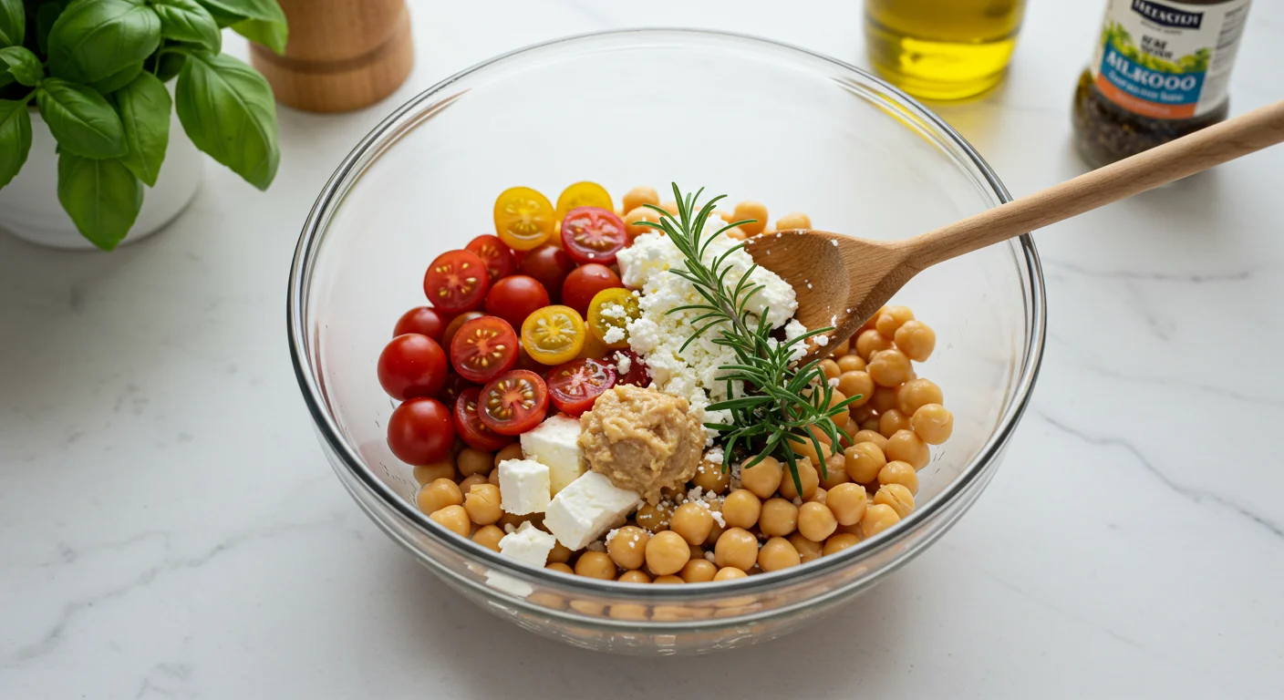 High-Protein Feta & Tomato Chickpeas Chickpeas, cherry tomatoes, olive oil, garlic, rosemary, and feta in a glass bowl with a wooden spoon, on a bright countertop.