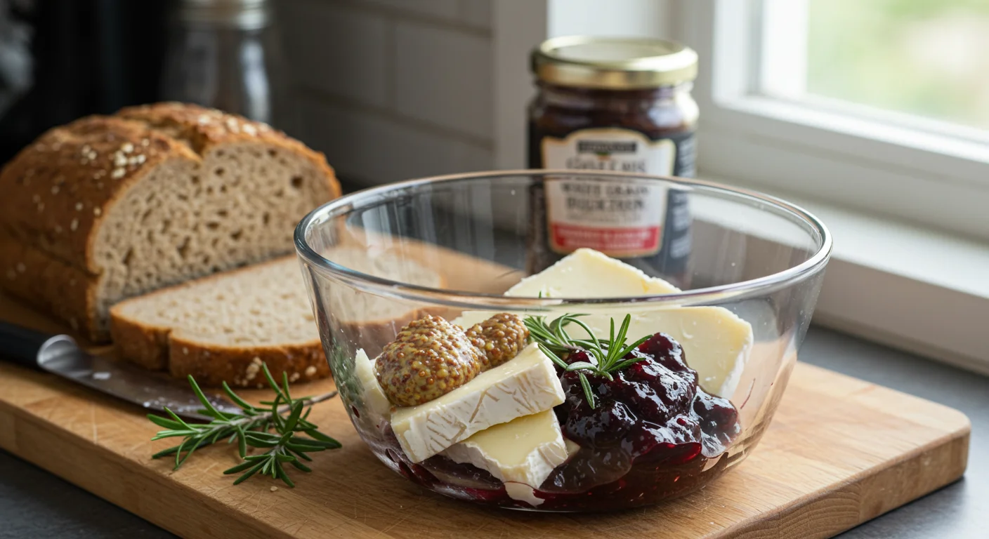 High-Protein Brie & Blackberry Jam Grilled Cheese Blackberry jam, rosemary, mustard, and Brie slices in a glass bowl with bread on a cutting board.