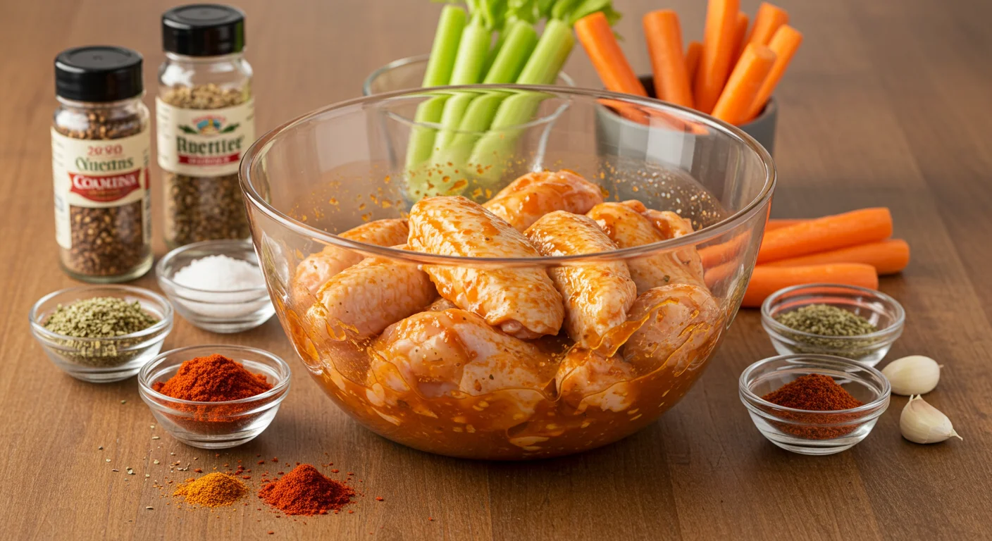 High-Protein Buffalo Wings Raw chicken wings in a glass bowl with buffalo sauce marinade, surrounded by small bowls of spices and fresh celery and carrots on a wooden counter.