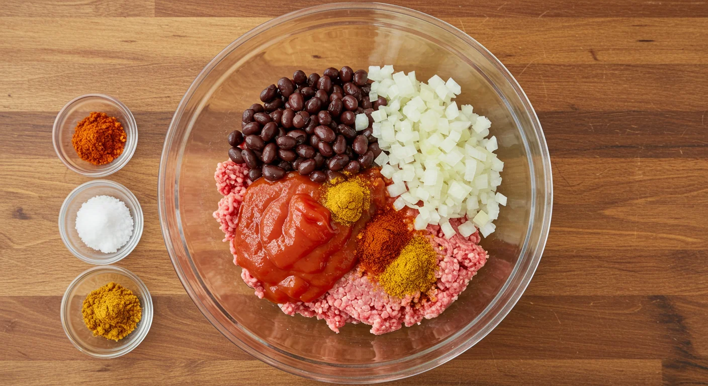 High-Protein Beef & Bean Sloppy Joes Ingredients for High-Protein Beef & Bean Sloppy Joes in a glass bowl or small bowls, including ground beef, black beans, onions, tomato sauce, and spices.