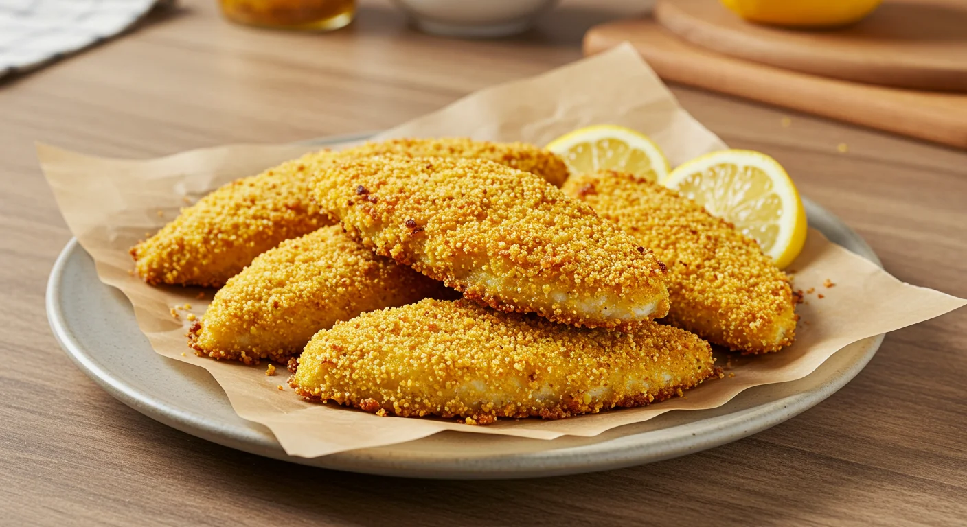 High-Protein Crispy Baked Catfish Golden crispy baked catfish fillets on a plate with lemon wedges, photographed from a tilted handheld angle with a homely kitchen background.