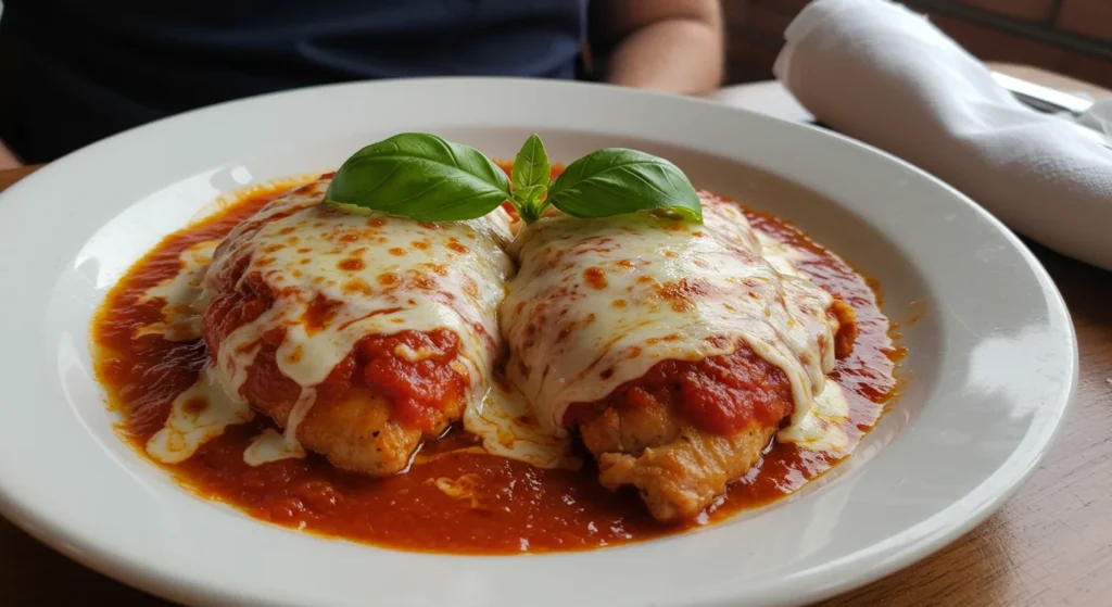 Pizzaiola Chicken Recipe Close-up of Chicken Pizzaiola on a white plate, showing juicy chicken, marinara sauce, melted mozzarella, and basil, taken casually with soft lighting.