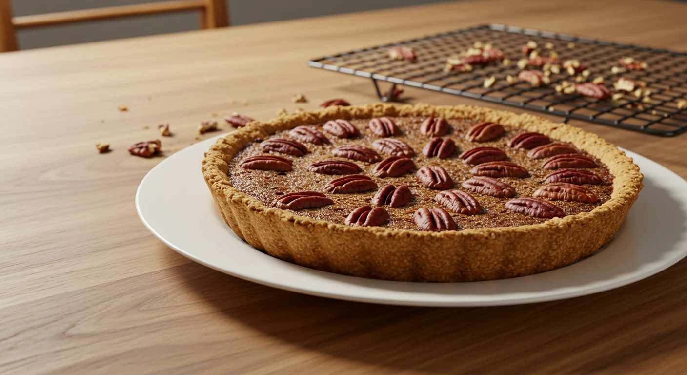 Keto Pecan Pie Freshly baked keto pecan pie on a white plate, with a golden crust and caramelized pecans, captured from a slightly tilted angle using a handheld mobile camera.