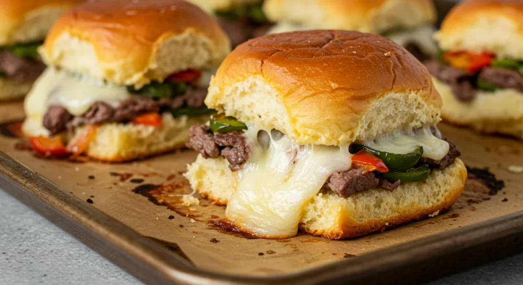 Keto Philly Cheesesteak Sliders Freshly baked Keto Philly Cheesesteak Sliders with melted cheese and juicy steak, captured in a home kitchen with a handheld mobile camera.