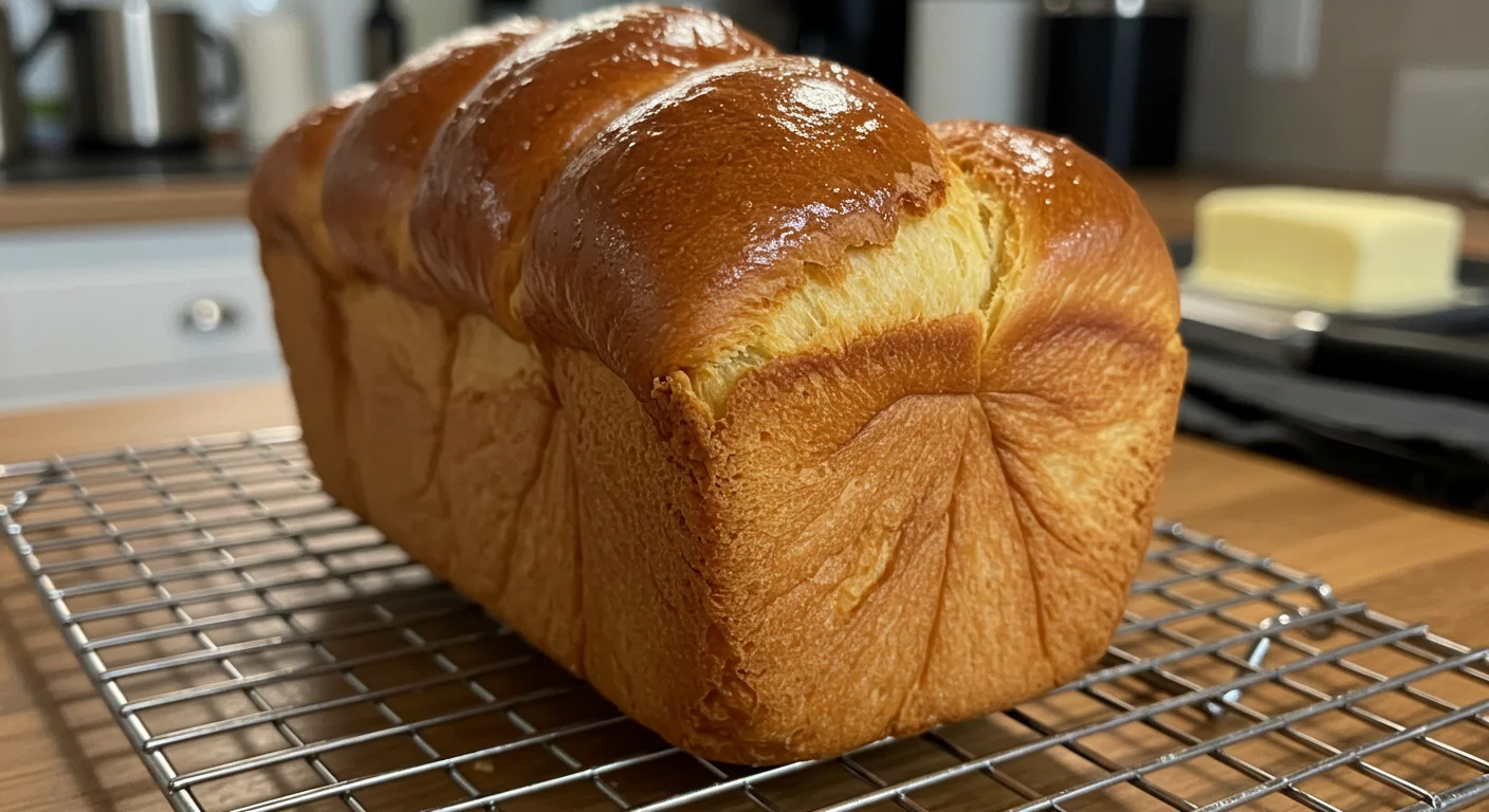Keto Brioche Freshly baked keto brioche on a cooling rack, golden crust and fluffy inside, captured in a home kitchen.