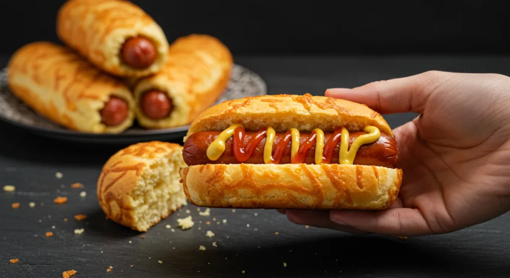 High-Protein Hot Dog Buns A hand holding a golden keto hot dog bun with sausage, mustard, and ketchup, with more buns on a dark slate plate in the softly blurred background.