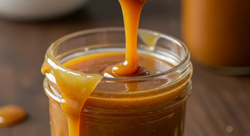 Keto Caramel Sauce A handheld shot of a jar with keto caramel sauce, caramel dripping down the sides on a rustic table.