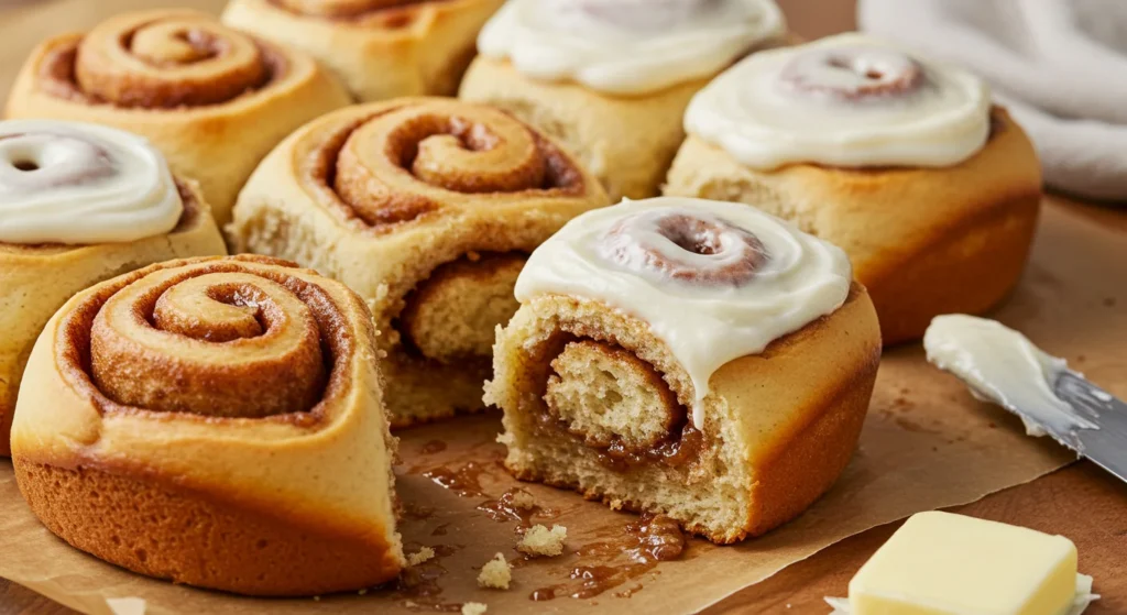 Keto Cinnamon Rolls Freshly baked keto cinnamon rolls with a golden crust and gooey cinnamon filling, some topped with cream cheese frosting, on a rustic wooden surface.
