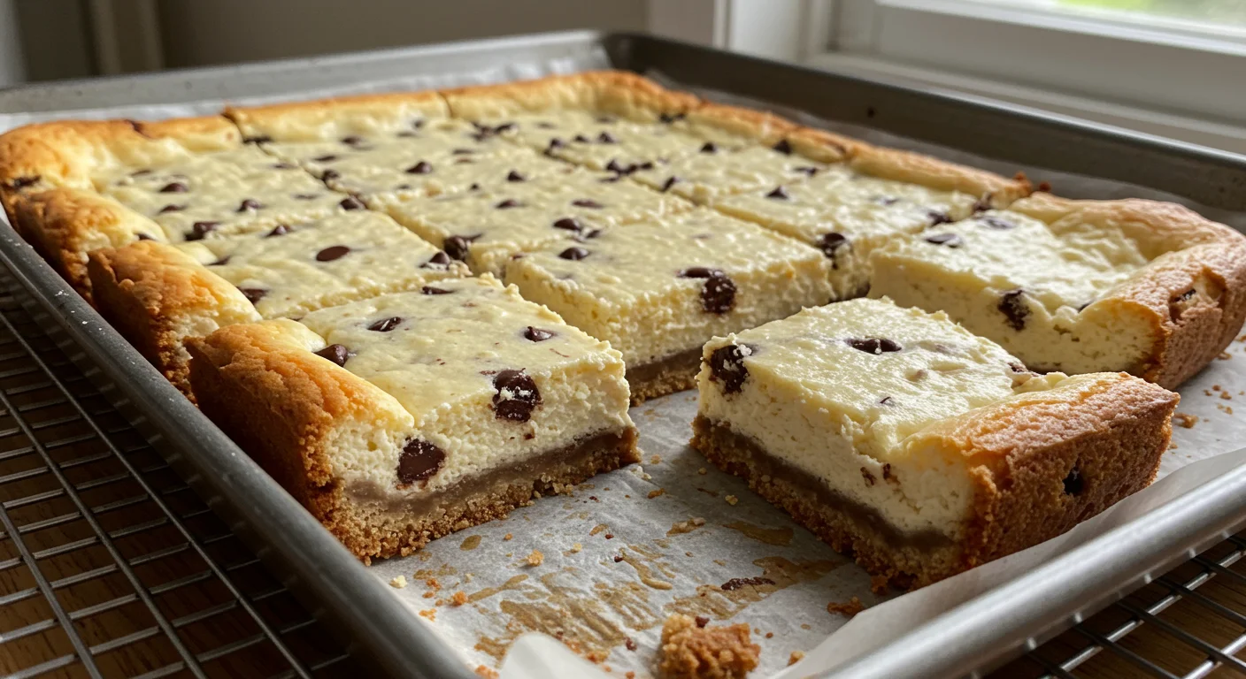 Keto Chocolate Chip Cheesecake Bars Freshly baked Keto Chocolate Chip Cheesecake Bars on a cooling rack, with one lifted to reveal a creamy filling, chocolate chips, and a golden crust.