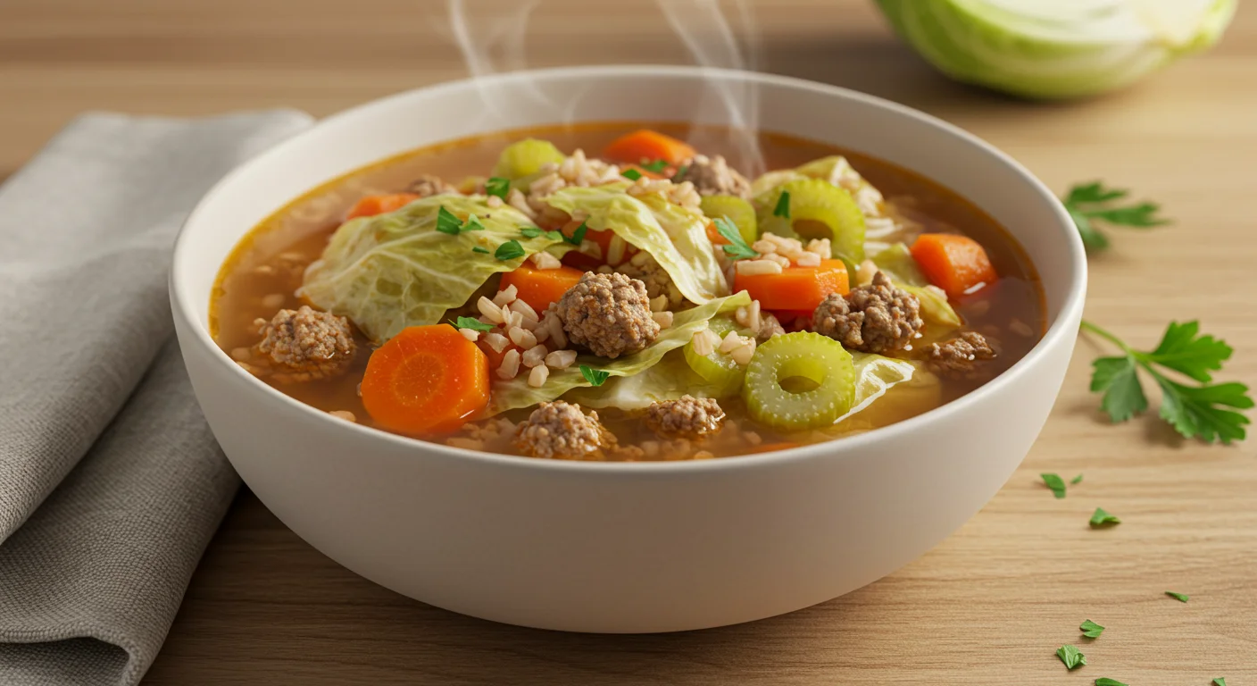 High-Protein Stuffed Cabbage Soup Angled handheld shot of stuffed cabbage soup with visible chunks of ingredients and a hand holding the bowl’s edge.