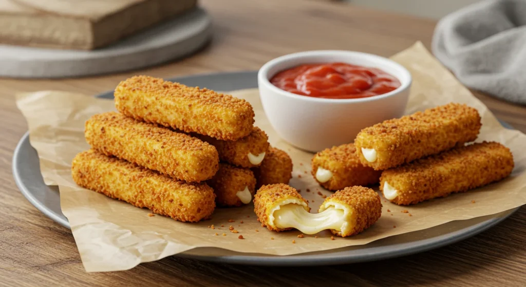 Keto Mozzarella Sticks A casual handheld shot of crispy keto mozzarella sticks on a parchment-lined plate with marinara sauce. One stick is broken open, showing gooey melted cheese.
