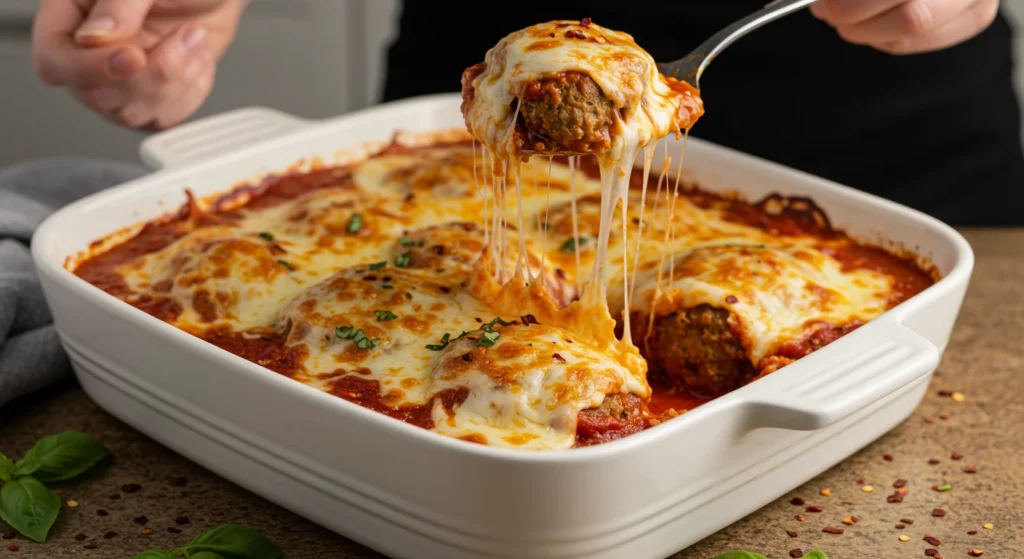 Keto Meatball Casserole A freshly baked Keto Meatball Casserole in a white dish, with bubbling marinara and golden cheese. A hand lifts a cheesy meatball with a spoon.