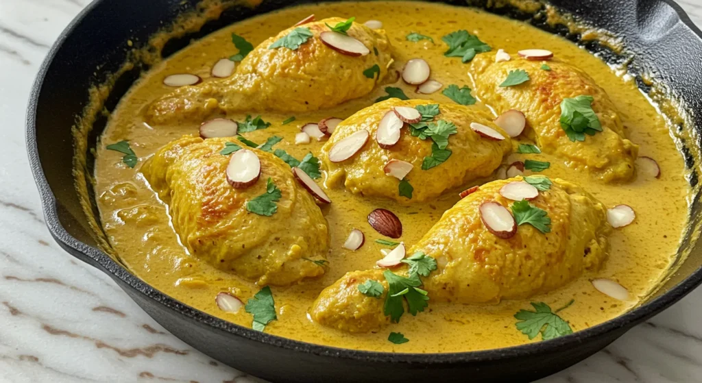 Keto Chicken Korma Keto Chicken Korma in a cast iron skillet, coated in a creamy golden sauce, garnished with almonds and cilantro, taken from a casual home-cooked angle.