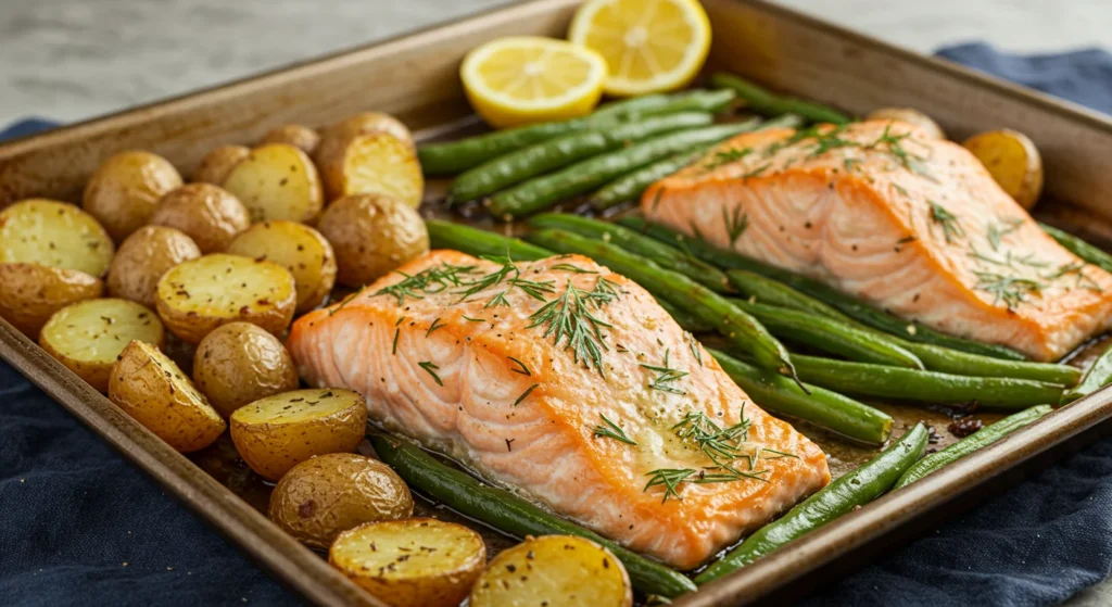 High-Protein Sheet-Pan Salmon Handheld mobile shot of a freshly baked Lemon-Garlic Sheet-Pan Salmon with golden salmon fillets, crispy baby potatoes, and vibrant green beans on a sheet pan over a dark blue kitchen towel.