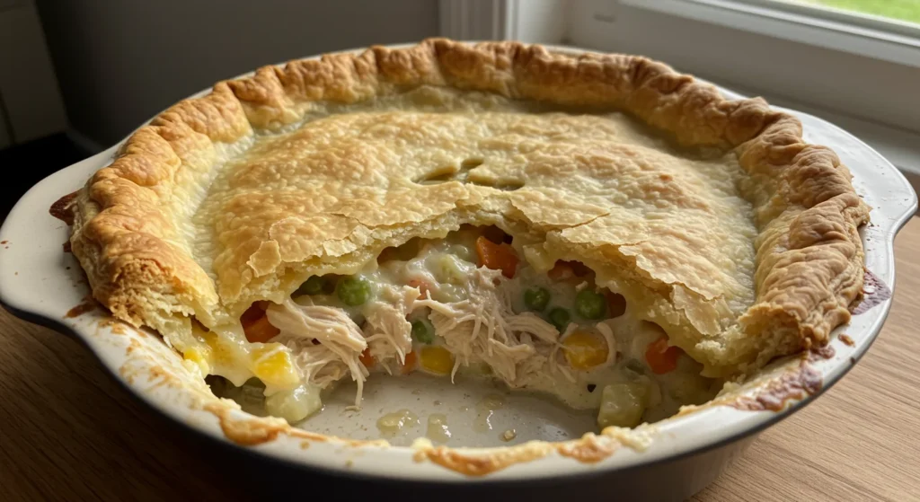 High-Protein Chicken Pot Pie Freshly baked chicken pot pie with a golden, flaky crust, filled with shredded chicken, peas, carrots, corn, and a creamy sauce, served in a white pie dish.