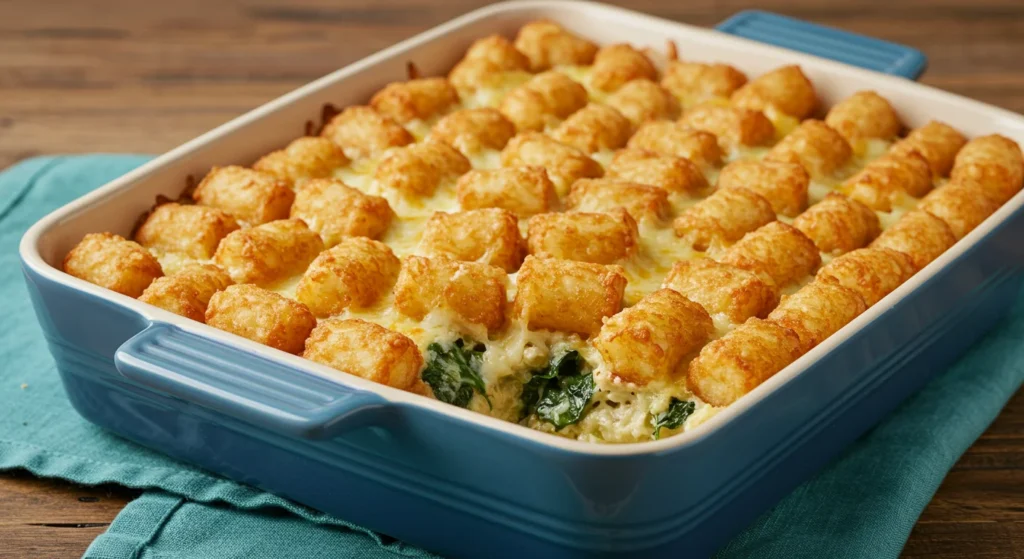 High-Protein Artichoke Tater Tot Casserole Freshly baked tater tot casserole in a blue dish with golden tots on top, sitting on a countertop with a teal towel, captured in casual natural lighting.
