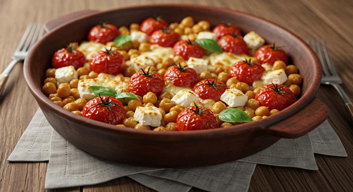 High-Protein Feta & Tomato Chickpeas Freshly baked High-Protein Feta & Tomato Chickpeas in a ceramic dish with burst tomatoes, feta, and basil on a wooden table.