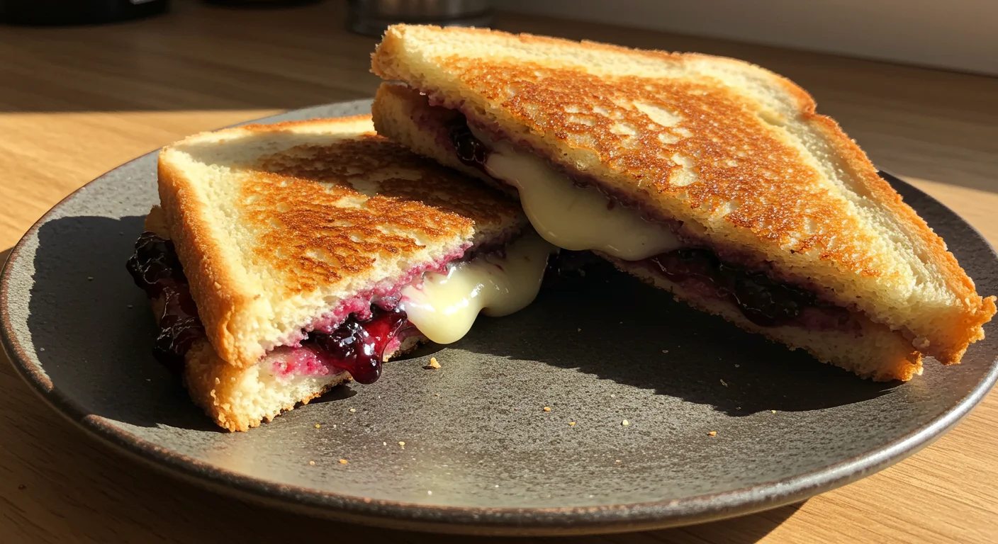 High-Protein Brie & Blackberry Jam Grilled Cheese Close-up of a grilled Brie and blackberry jam sandwich, golden crust, and oozing filling on a plate.