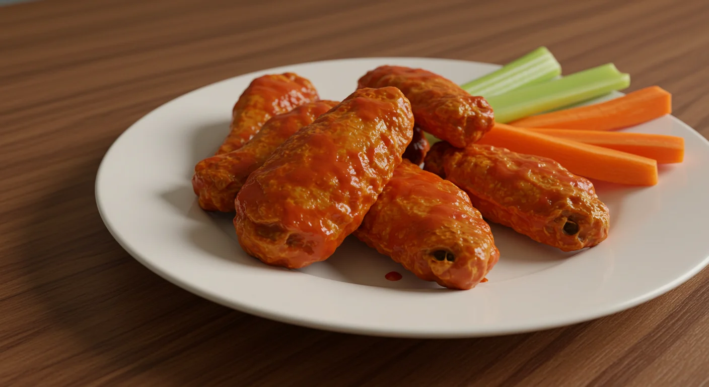 High-Protein Buffalo Wings Close-up of buffalo wings coated in glossy sauce, served on a white plate with a napkin and glass of water in the background.