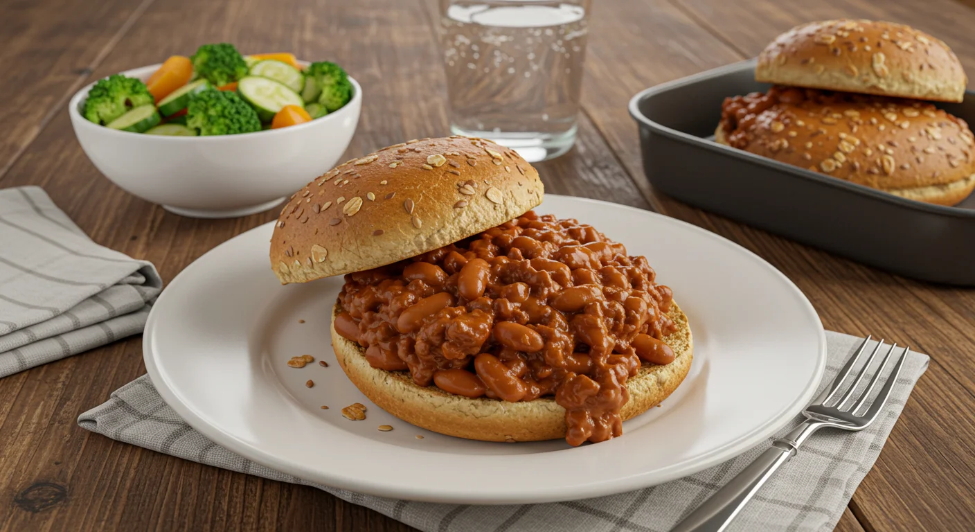 High-Protein Beef & Bean Sloppy Joes High-Protein Beef & Bean Sloppy Joe on a whole-wheat bun with sauce spilling, served on a plate with veggies and a glass of water.