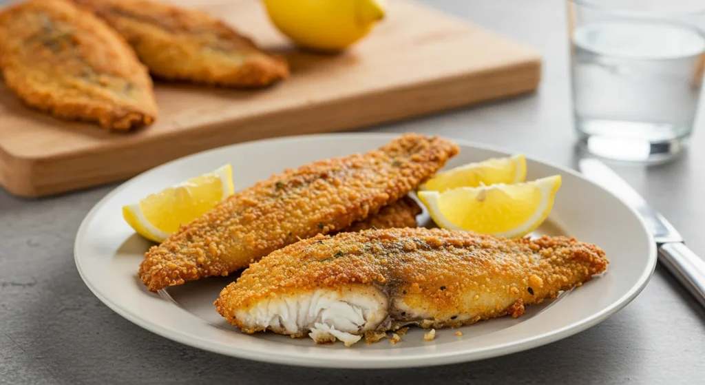 High-Protein Crispy Baked Catfish Close-up of crispy baked catfish fillets on a plate with lemon wedges, taken from a low angle with a casual kitchen background.