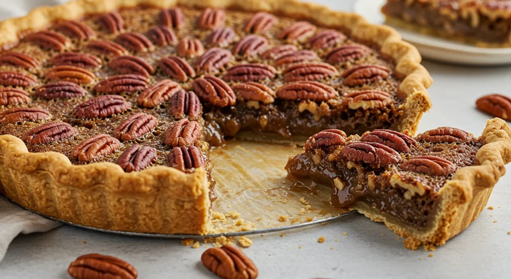 Keto Pecan Pie Close-up side view of keto pecan pie with flaky almond flour crust and gooey pecan filling, taken from a natural, homemade perspective with soft lighting.