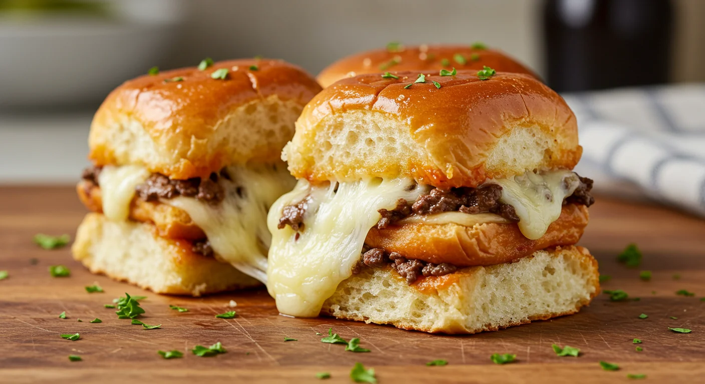 Keto Philly Cheesesteak Sliders Cheesy Keto Philly Cheesesteak Sliders on a wooden table, with gooey cheese stretching and fresh parsley garnish.