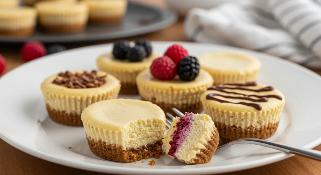 Keto Mini Cheesecakes A close-up of keto mini cheesecakes on a white plate, showing a creamy filling, crumbly almond flour crust, and berry toppings.
