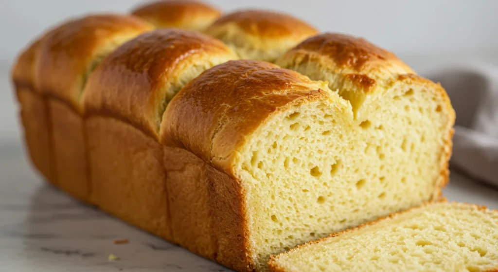 Keto Brioche Side-angle shot of keto brioche, highlighting its airy texture and buttery crust on a cooling rack.