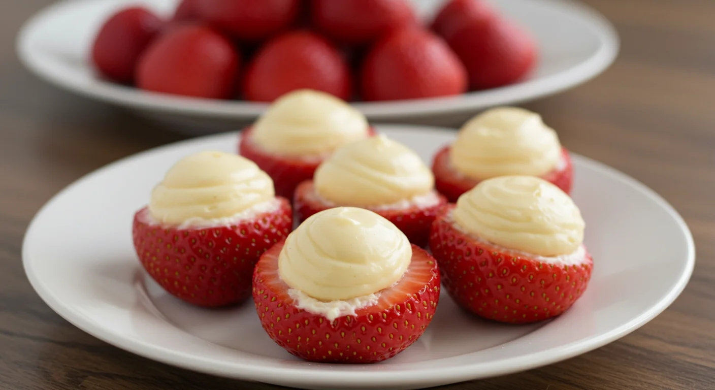 Keto Cheesecake Stuffed Strawberries A casual, lower-angle shot of Keto Cheesecake Stuffed Strawberries, focusing on their creamy filling and fresh strawberry texture.