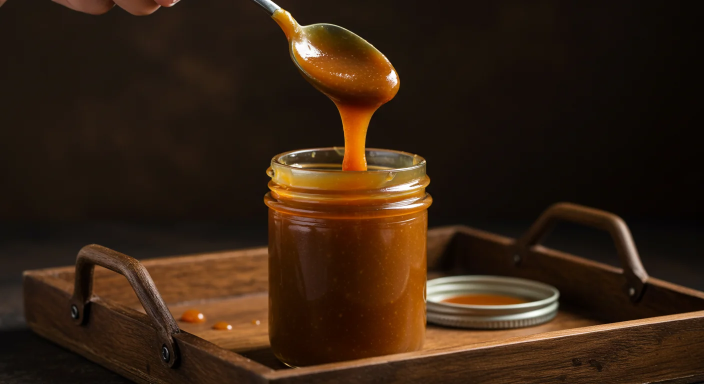 Keto Caramel Sauce A spoon lifting caramel over a jar on a wooden tray, warm lighting highlighting the rich, golden sauce.