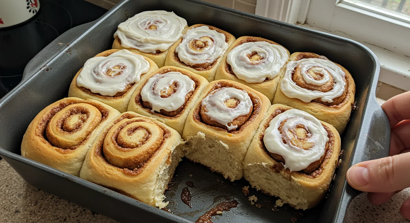 Keto Cinnamon Rolls Overhead shot of keto cinnamon rolls in a baking dish, some frosted, with a baker’s hand reaching for one in warm, natural lighting.