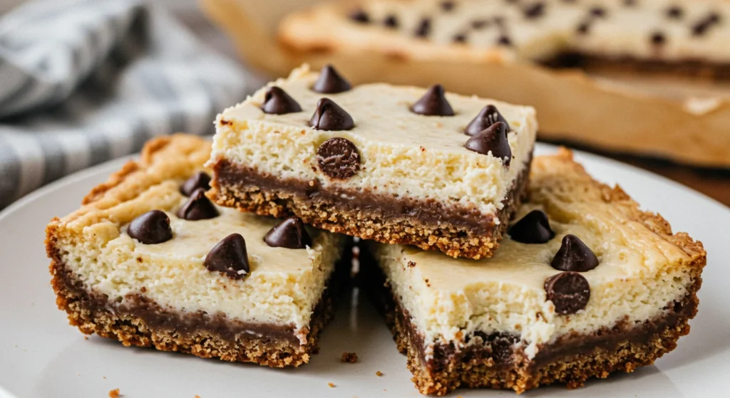 Keto Chocolate Chip Cheesecake Bars Keto Chocolate Chip Cheesecake Bars on a white plate, with melted chocolate chips and a smooth cheesecake layer, shot in natural lighting for a homely feel.