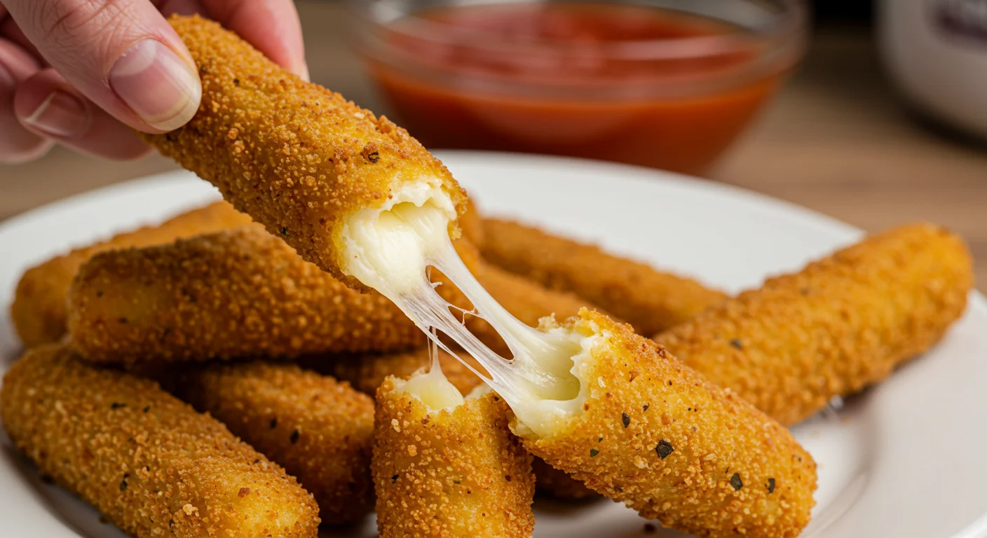 Keto Mozzarella Sticks Close-up handheld shot of keto mozzarella sticks. A person lifts one, stretching melted cheese, with a blurred marinara sauce dish in the background.