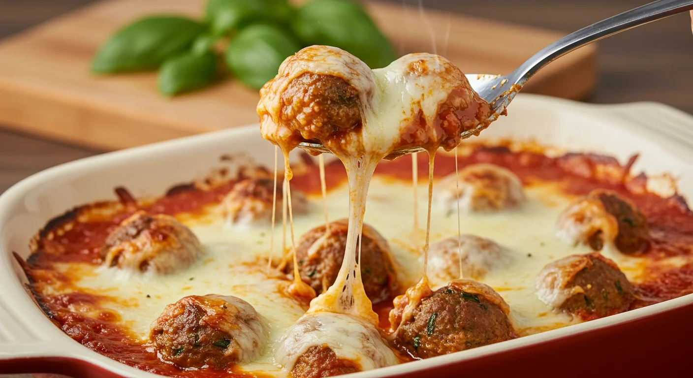 Keto Meatball Casserole A close-up of Keto Meatball Casserole with crispy cheese and marinara. A spoon lifts a meatball with melted cheese stretching from the dish.
