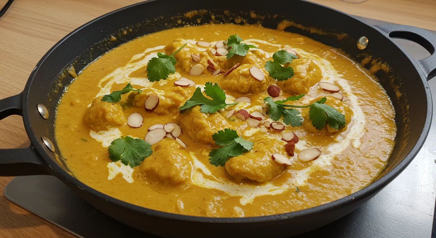 Keto Chicken Korma A hand holding a spoonful of creamy Keto Chicken Korma from an elegant ceramic plate, garnished with almonds and cilantro on a linen cloth.