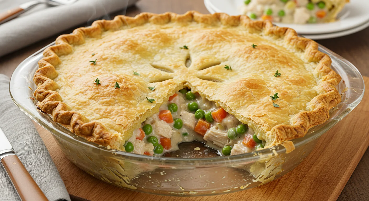 High-Protein Chicken Potpie Close-up of high-protein chicken potpie with golden crust and creamy chicken-vegetable filling, shot overhead.