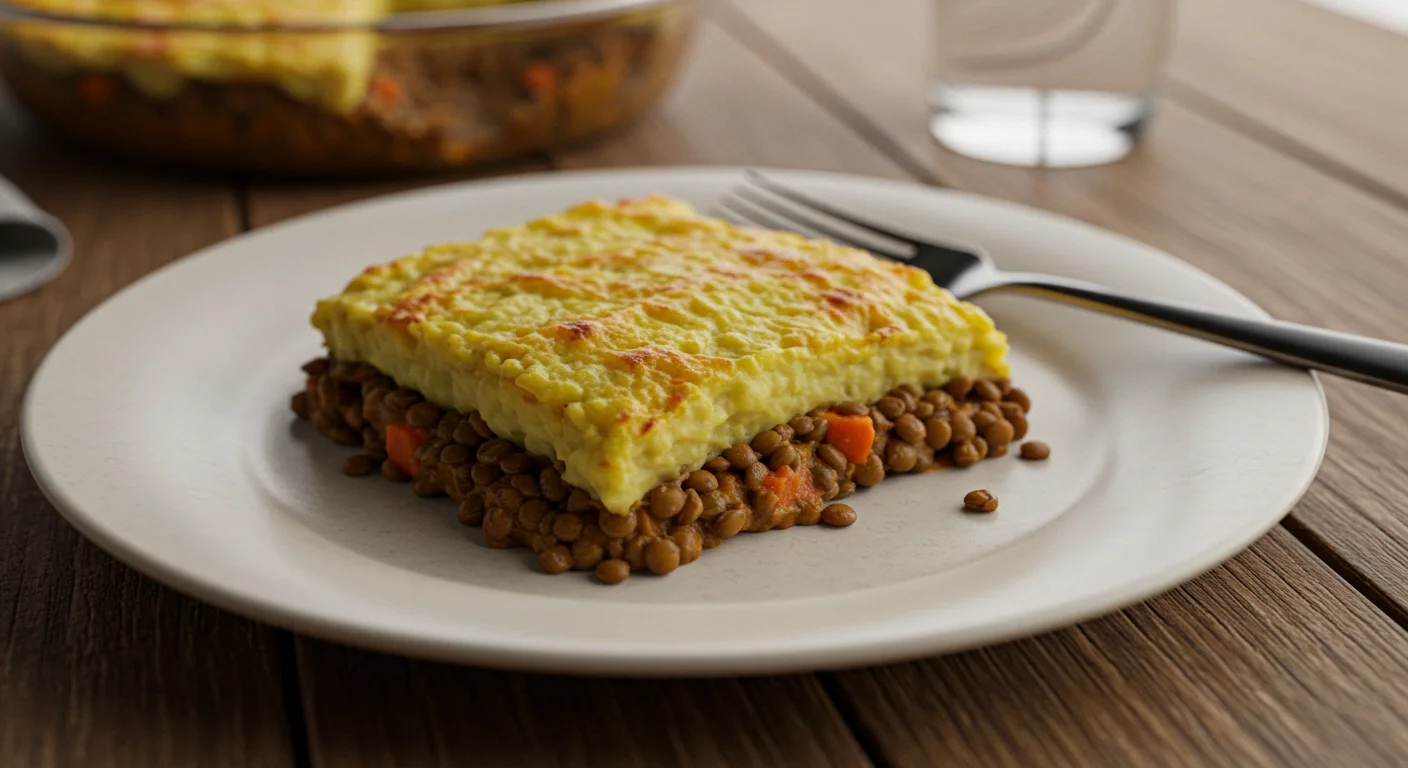 High-Protein Vegan Shepherd's Pie A slice of vegan shepherd’s pie with crispy mashed potato topping on a white plate, photographed from a side angle on a rustic surface.