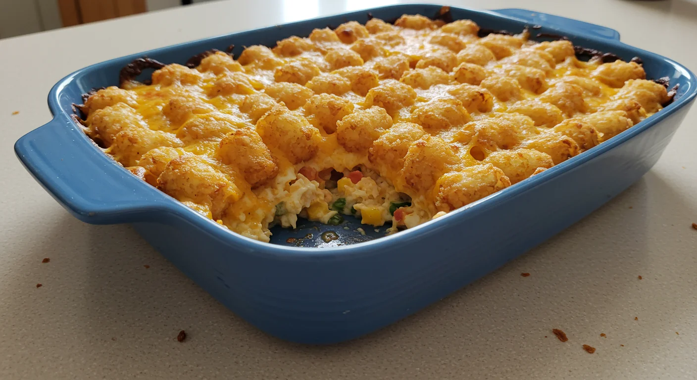 High-Protein Artichoke Tater Tot Casserole Side view of golden tater tot casserole in a blue dish, showing crispy tots and bubbling edges, on a rustic countertop with crumbs nearby.