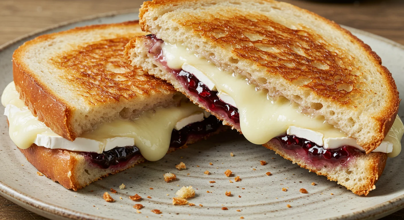 High-Protein Brie & Blackberry Jam Grilled Cheese High-Protein Brie and Blackberry Jam Grilled Sandwich on a ceramic plate, showing melted cheese and jam.