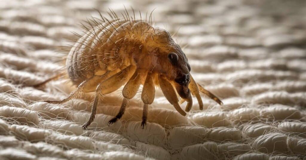 Close up of a dust mite on a fabric surface.