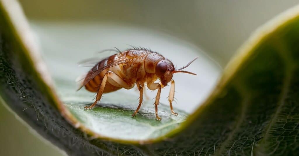 Close up of a flea measuring 1 millimeter, resting on a leaf.